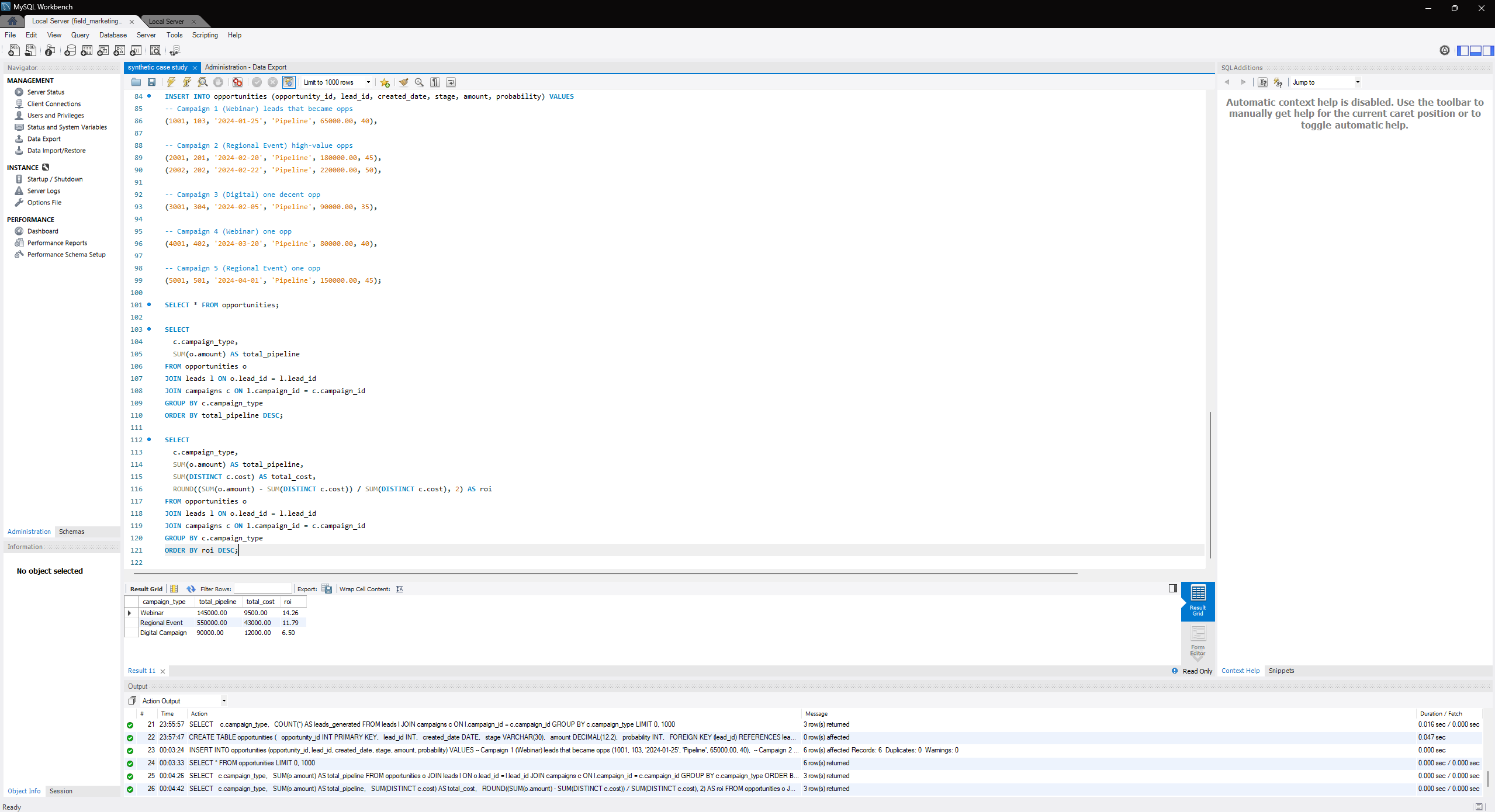 SQL aggregation and ROI calculation view in MySQL Workbench